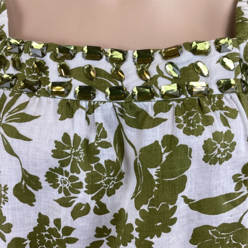 Alexandra Bartlett 100% Linen‎ White & Olive Green Dress Size Medium Puff Short - Picture 7 of 8